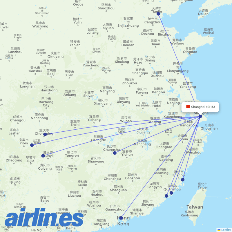 Xiamen Airlines from Hongqiao International destination map