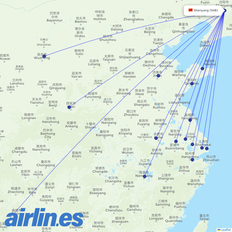 China Eastern Airlines from Shenyang Taoxian International Airport destination map
