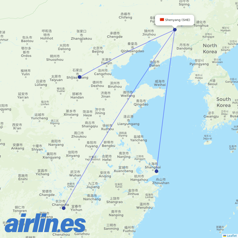 Hebei Airlines from Shenyang Taoxian International Airport destination map
