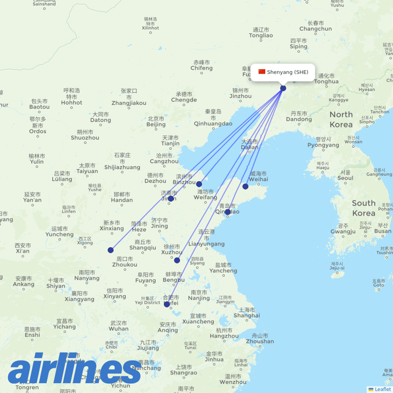 Shandong Airlines from Shenyang Taoxian International Airport destination map