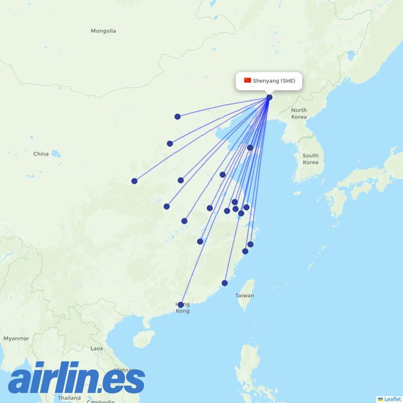 Shenzhen Airlines from Shenyang Taoxian International Airport destination map