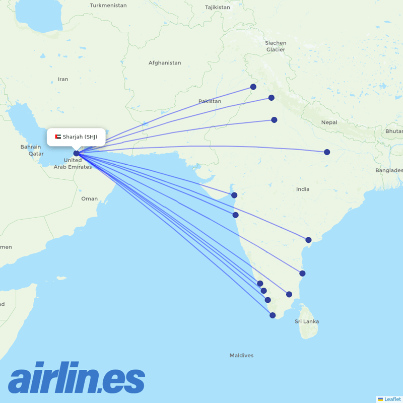 Air India Express from Sharjah International destination map