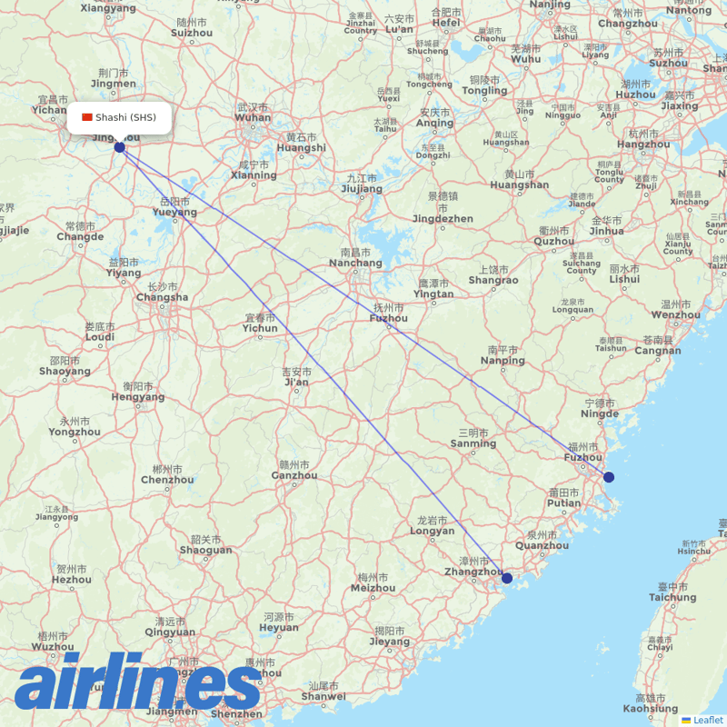 Xiamen Airlines from Shashi Airport destination map