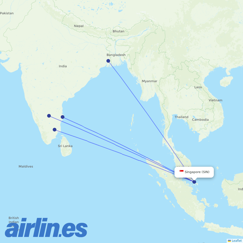 IndiGo from Singapore Changi Airport destination map
