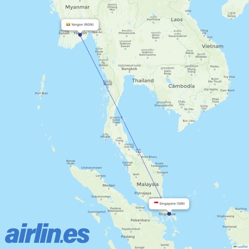 Myanmar Airways International from Singapore Changi Airport destination map