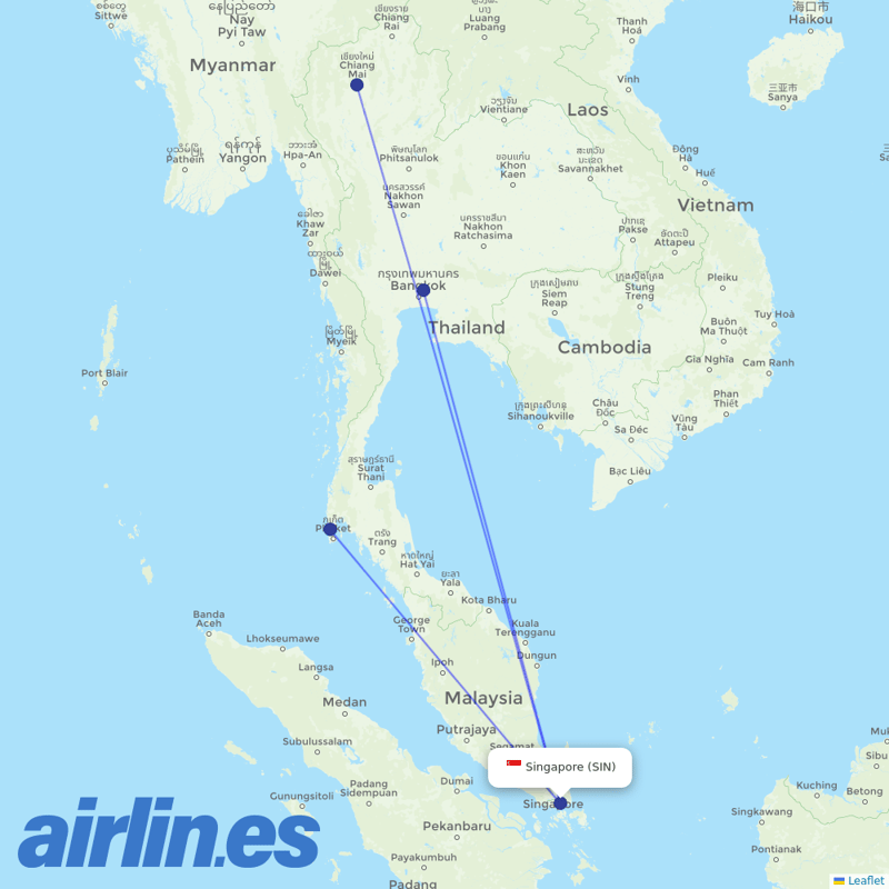 Thai AirAsia from Singapore Changi Airport destination map