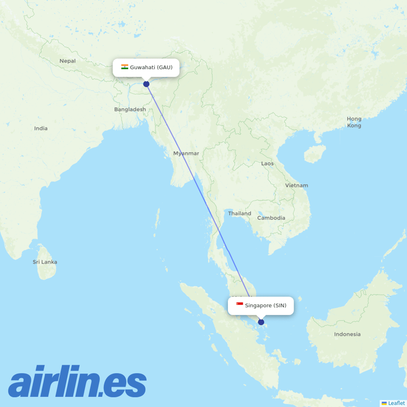 Drukair from Singapore Changi Airport destination map