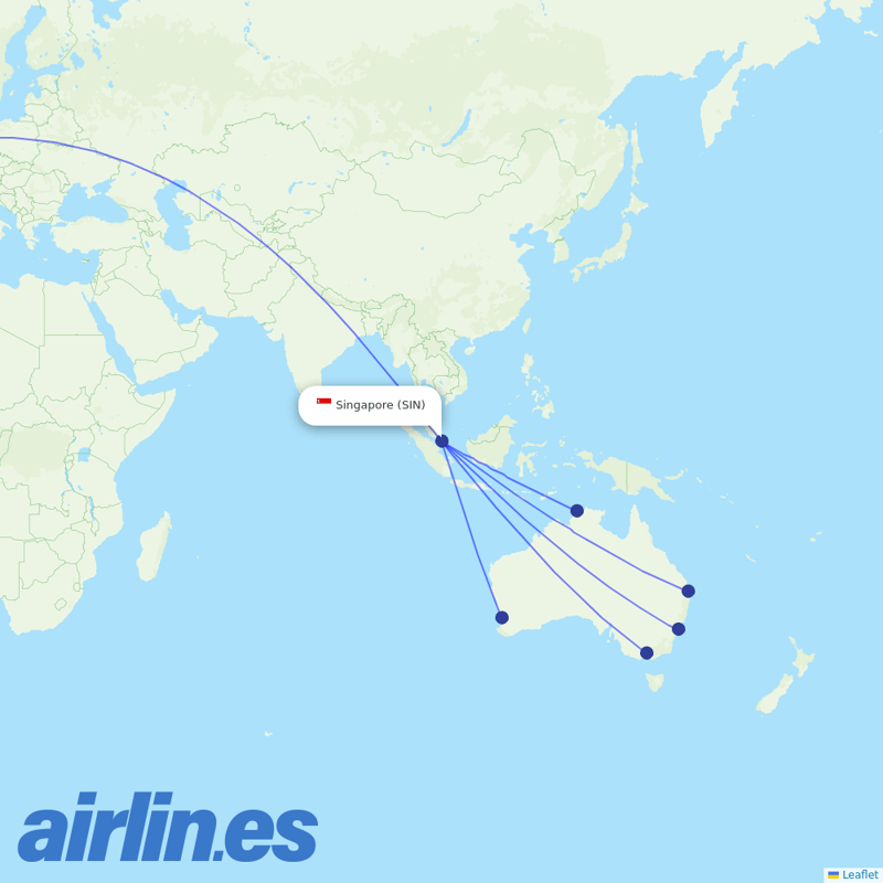 Qantas from Singapore Changi Airport destination map