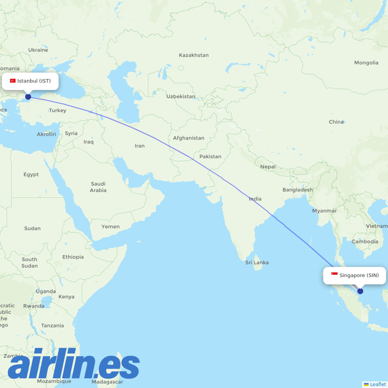 Turkish Airlines from Singapore Changi Airport destination map