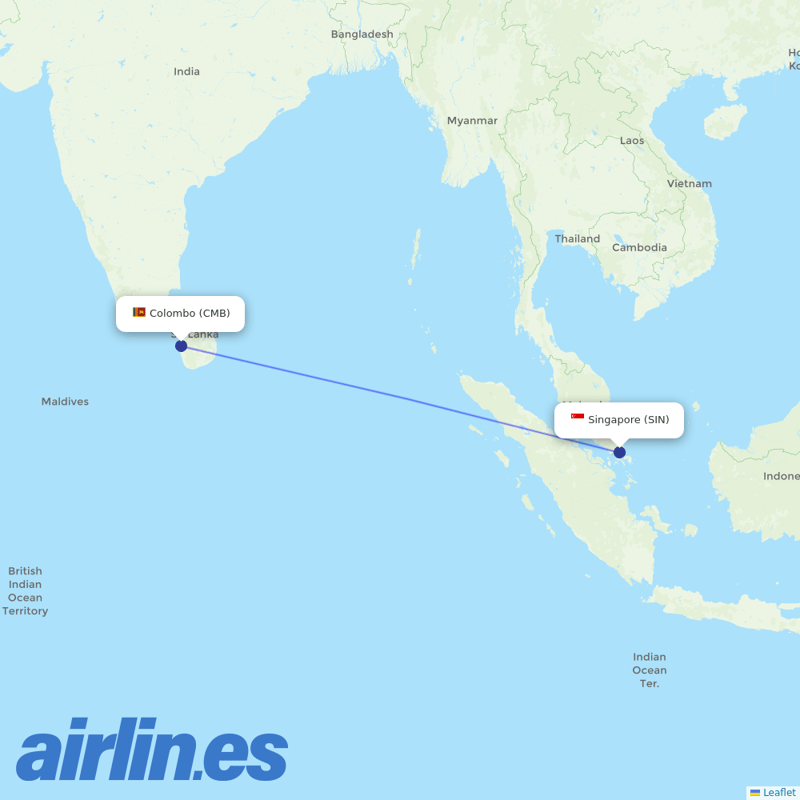 SriLankan Airlines from Singapore Changi Airport destination map