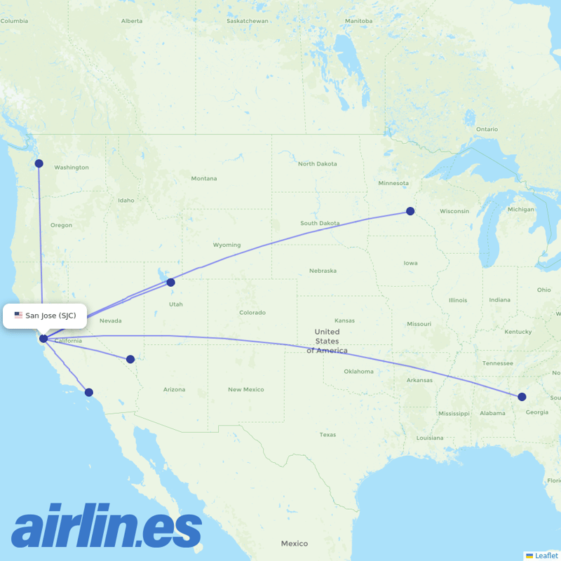 Delta Air Lines from Norman Y Mineta San Jose International destination map