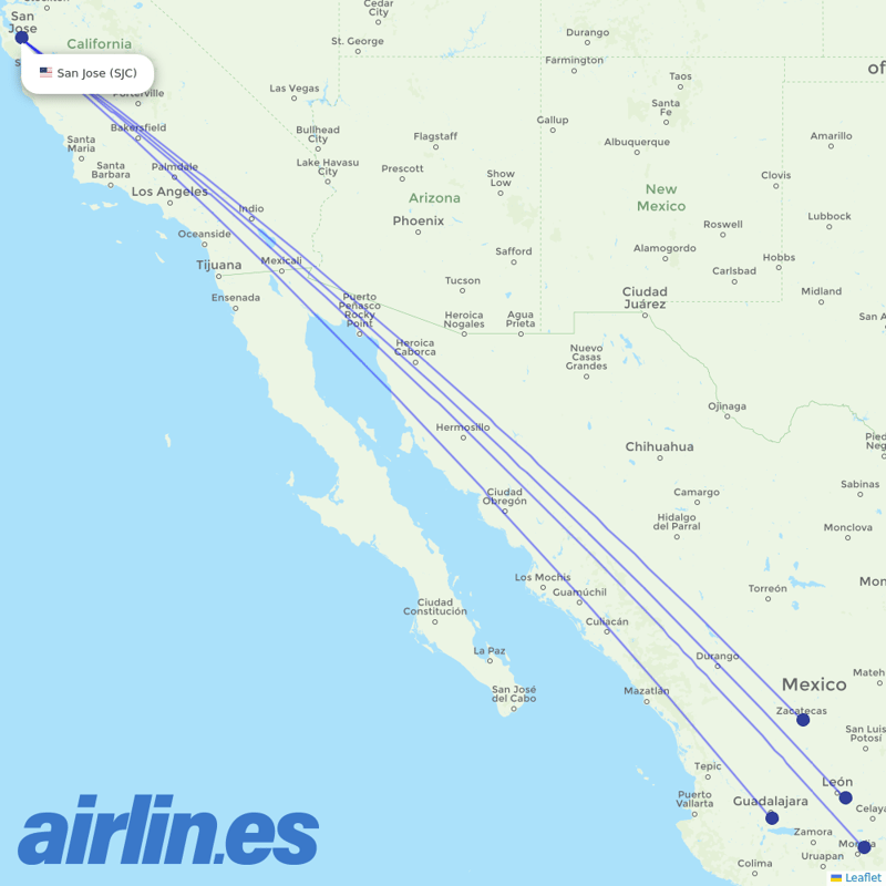 Volaris from Norman Y Mineta San Jose International destination map