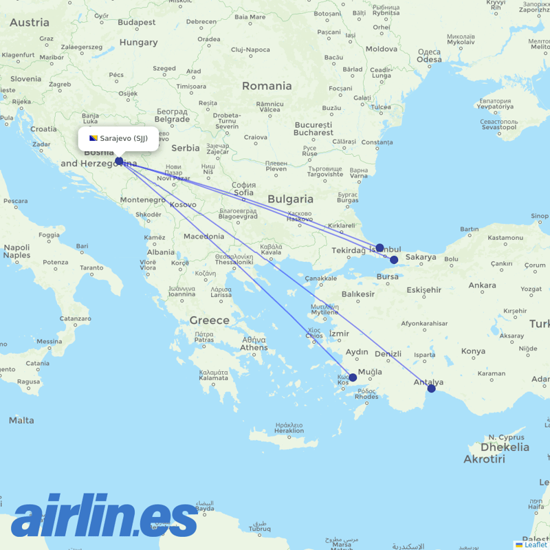 Turkish Airlines from Sarajevo destination map