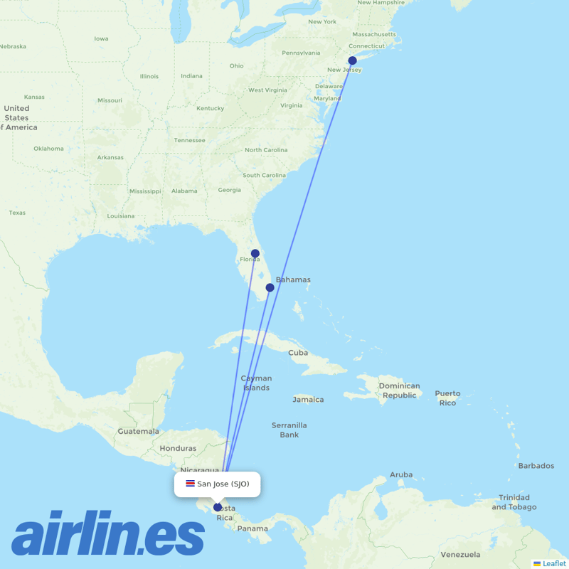 JetBlue Airways from Juan Santamaria International destination map
