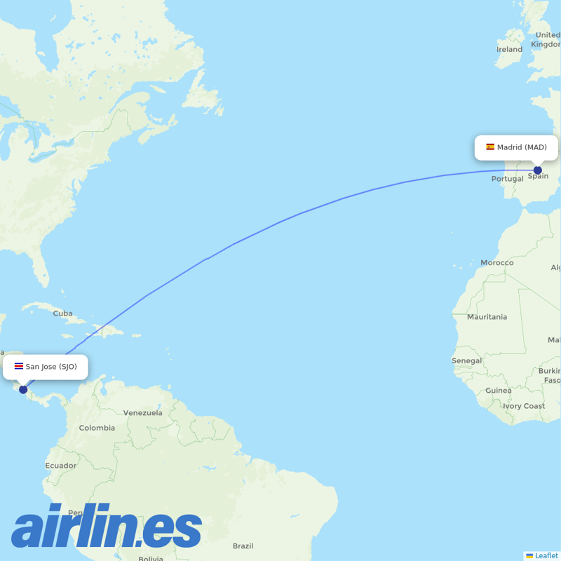 Evelop Airlines from Juan Santamaria International destination map