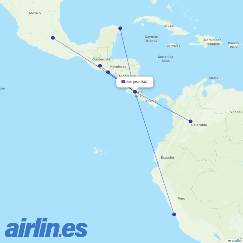 Volaris Costa Rica from Juan Santamaria International destination map