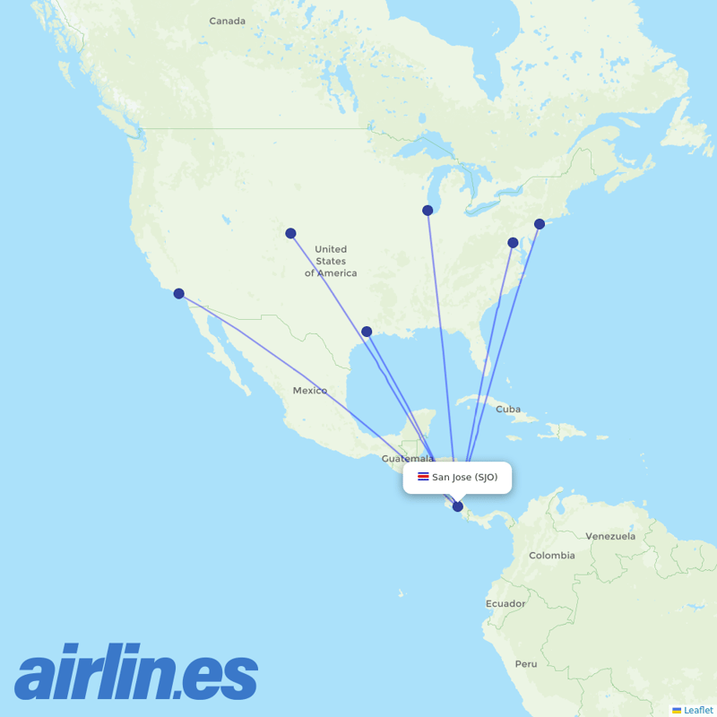 United Airlines from Juan Santamaria International destination map
