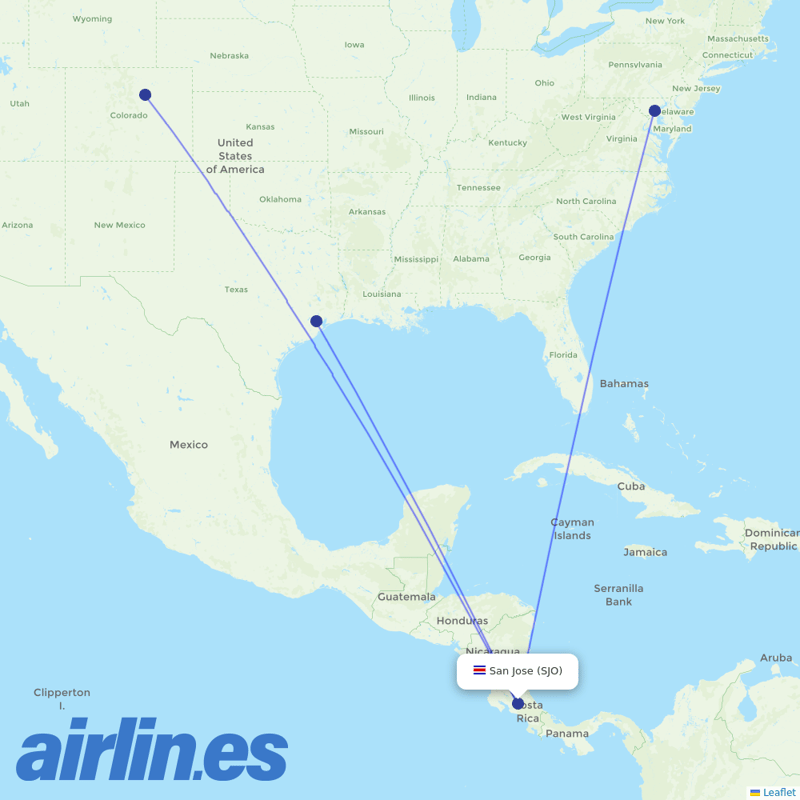 Southwest Airlines from Juan Santamaria International destination map