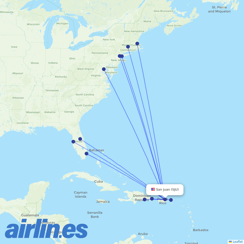 JetBlue Airways from Luis Munoz Marin International destination map