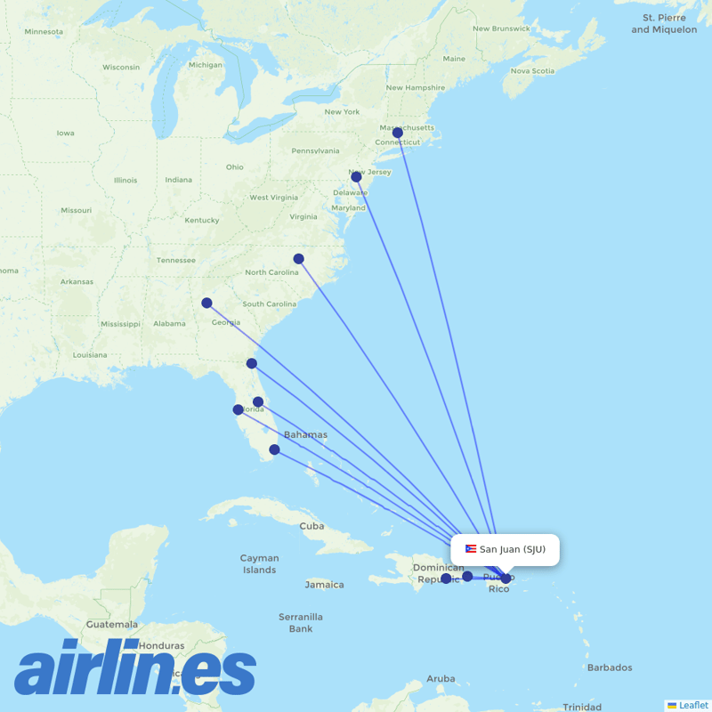 Frontier Airlines from Luis Munoz Marin International destination map