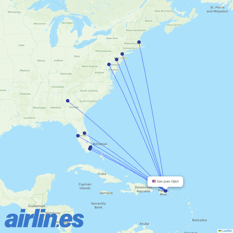 Spirit Airlines from Luis Munoz Marin International destination map