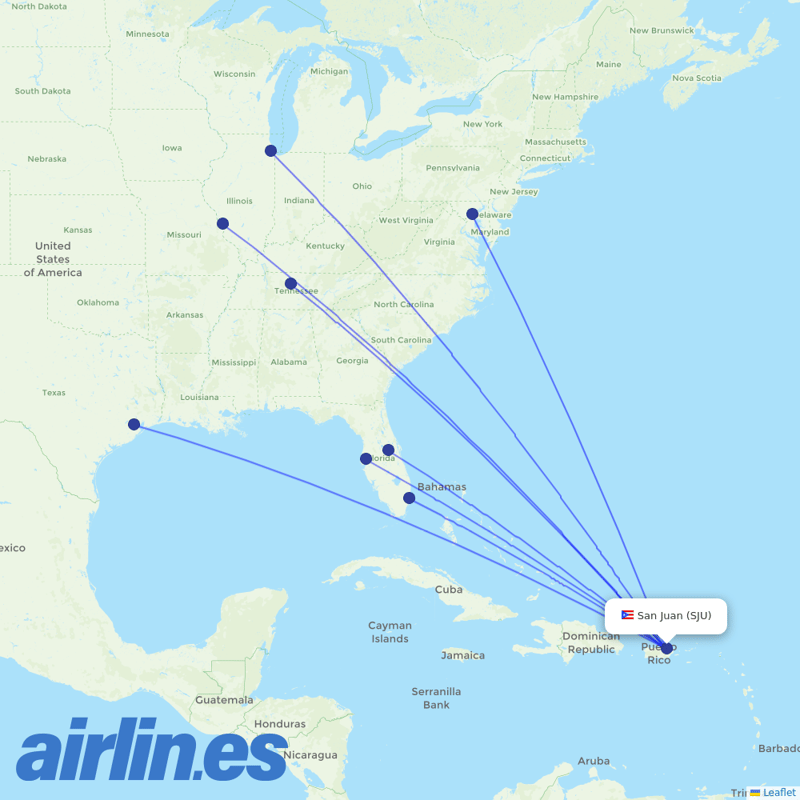Southwest Airlines from Luis Munoz Marin International destination map