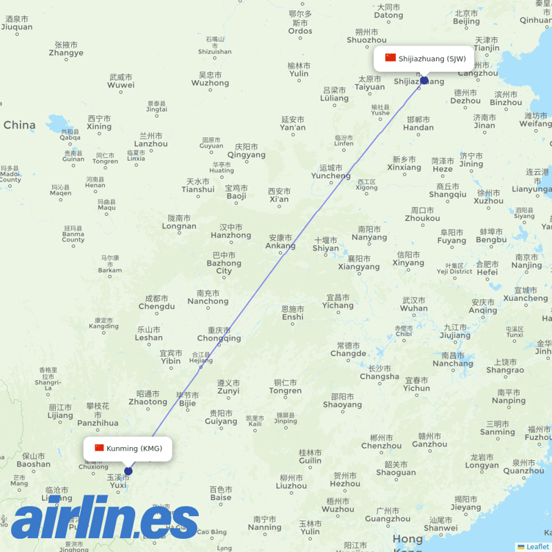 Kunming Airlines from Shijiazhuang Daguocun International Airport destination map