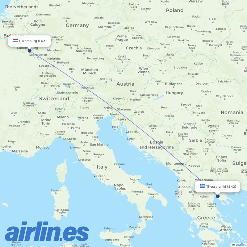 Luxair from Thessaloniki Airport destination map