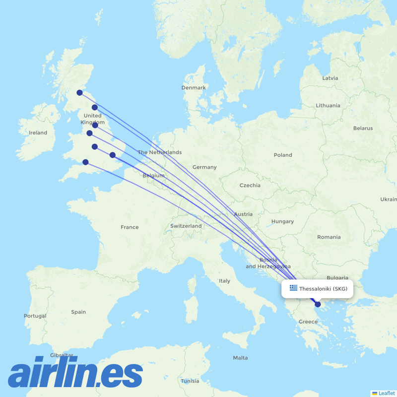 Jet2 from Thessaloniki Airport destination map