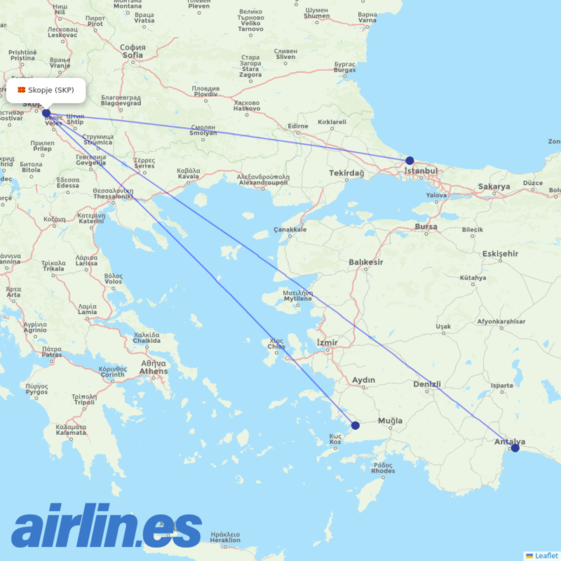 Turkish Airlines from Skopje destination map