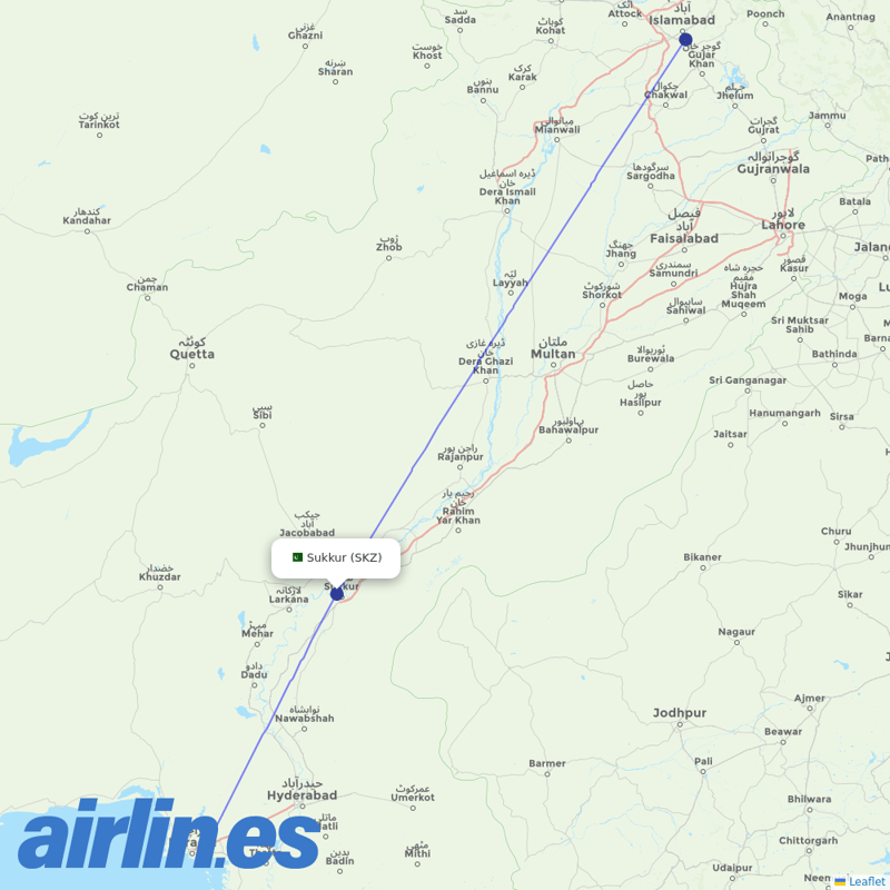 Pakistan International Airlines from Sukkur destination map