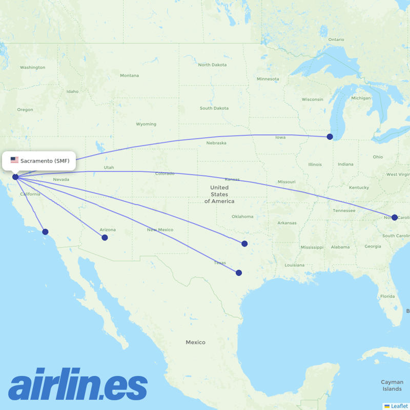 American Airlines from Sacramento International destination map