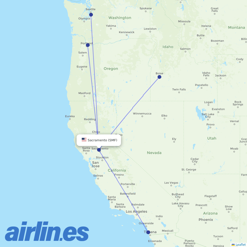Alaska Airlines from Sacramento International destination map