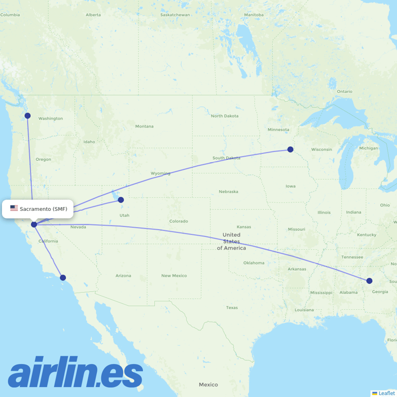 Delta Air Lines from Sacramento International destination map