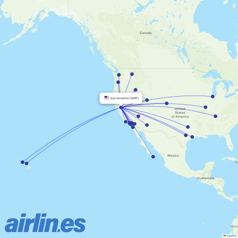 Southwest Airlines from Sacramento International destination map