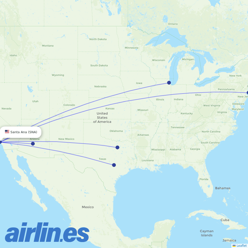 American Airlines from John Wayne Arpt Orange Co destination map