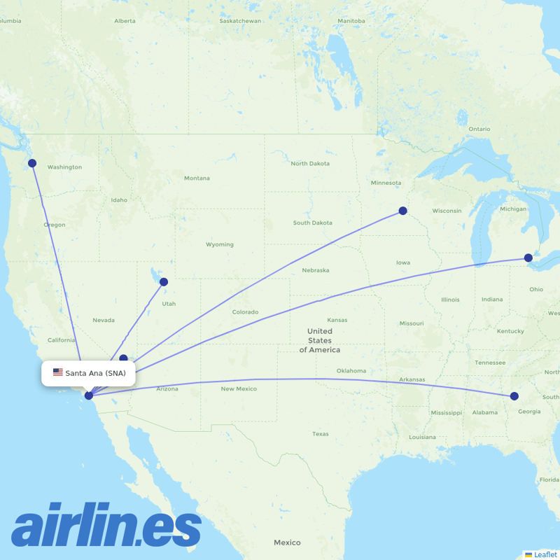Delta Air Lines from John Wayne Arpt Orange Co destination map