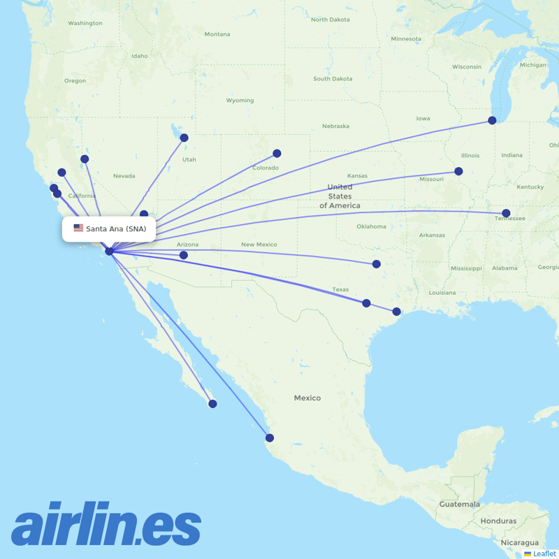 Southwest Airlines from John Wayne Arpt Orange Co destination map