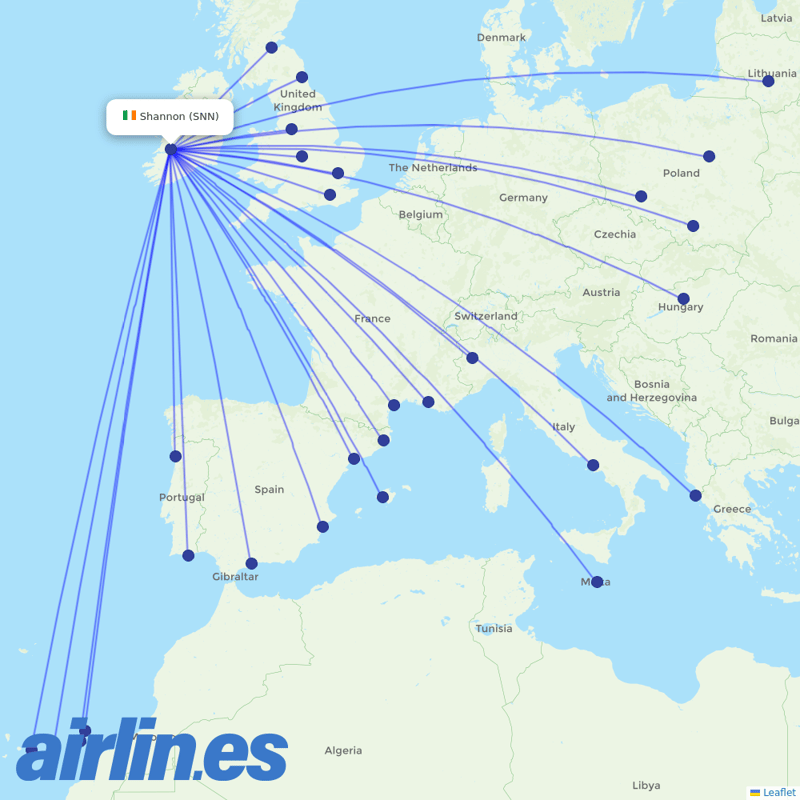 Ryanair from Shannon destination map
