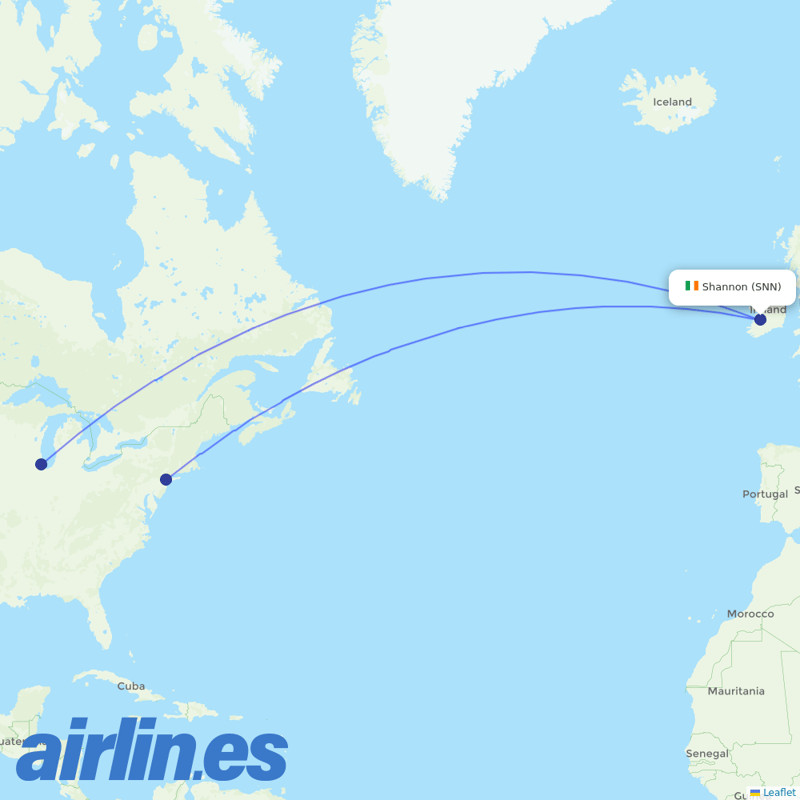 United Airlines from Shannon destination map