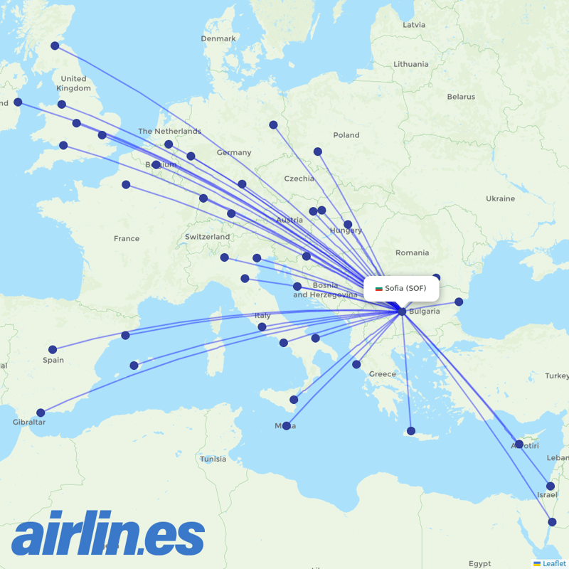 Ryanair from Sofia Airport destination map