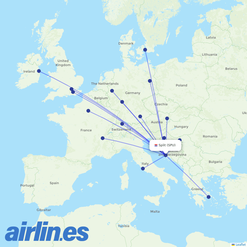 Croatia Airlines from Split Airport destination map
