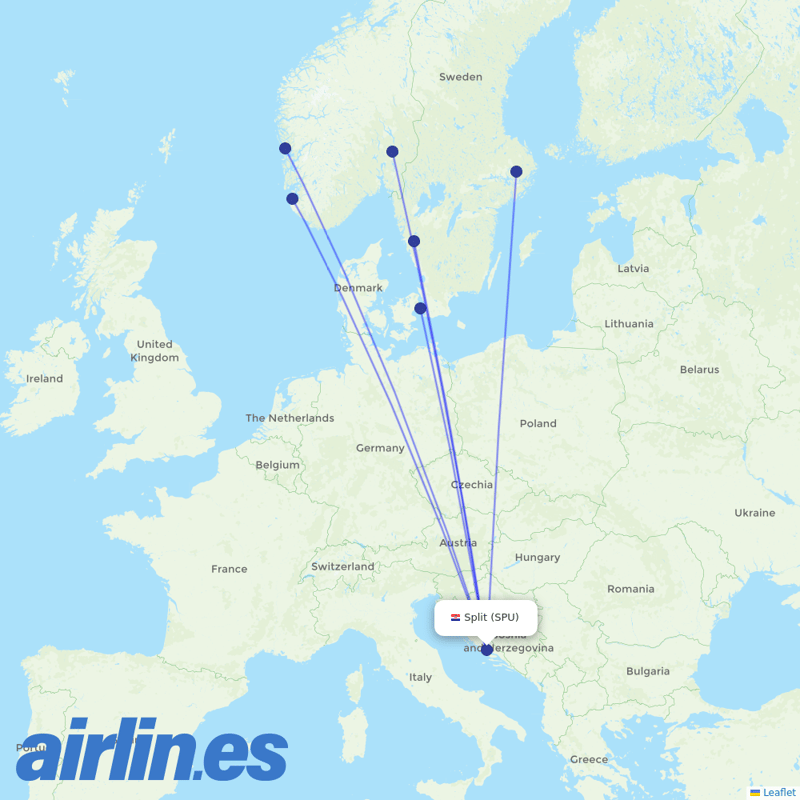 Scandinavian Airlines from Split Airport destination map