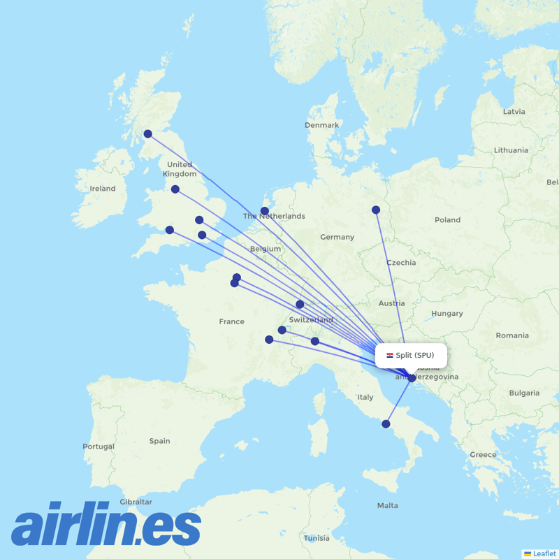 easyJet from Split Airport destination map