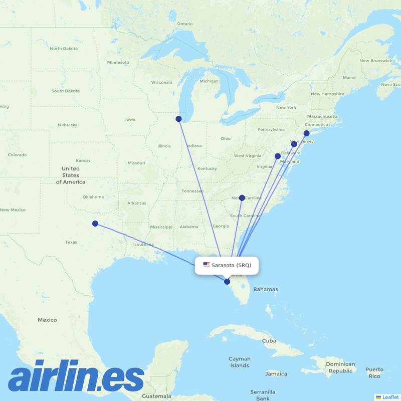 American Airlines from Sarasota Bradenton International Airport destination map