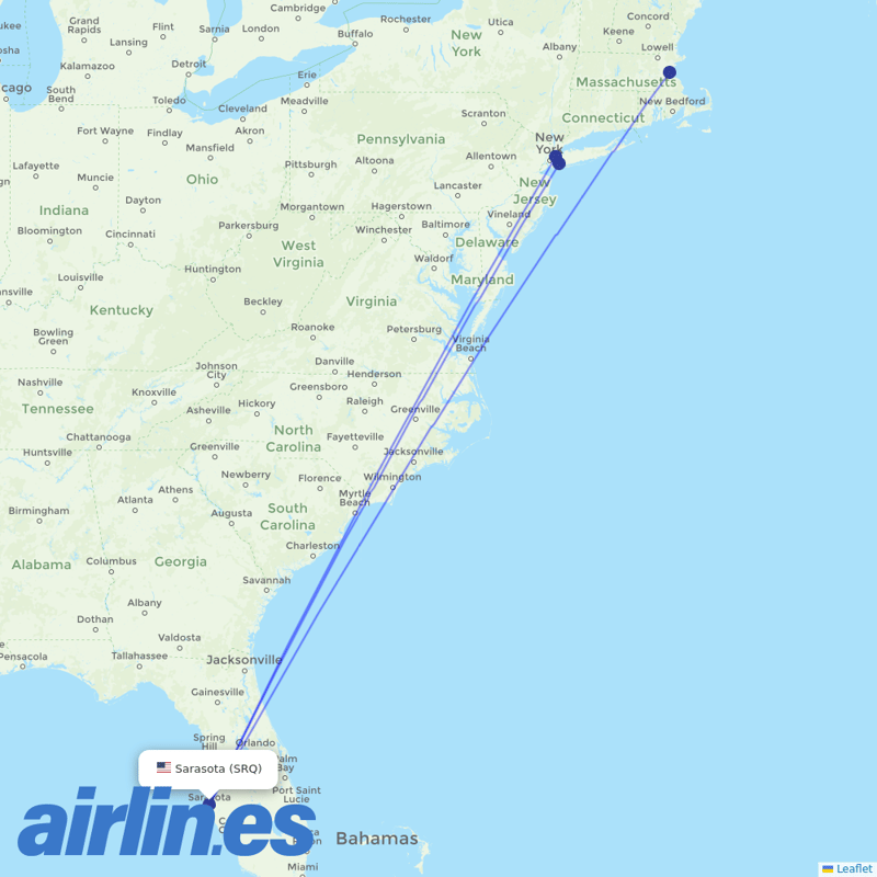 JetBlue Airways from Sarasota Bradenton International Airport destination map
