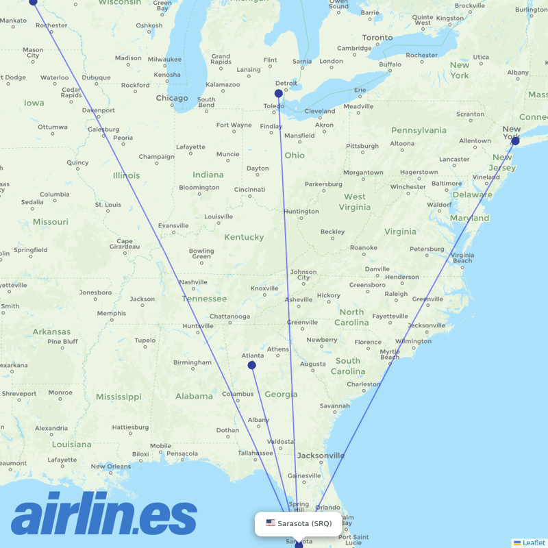 Delta Air Lines from Sarasota Bradenton International Airport destination map