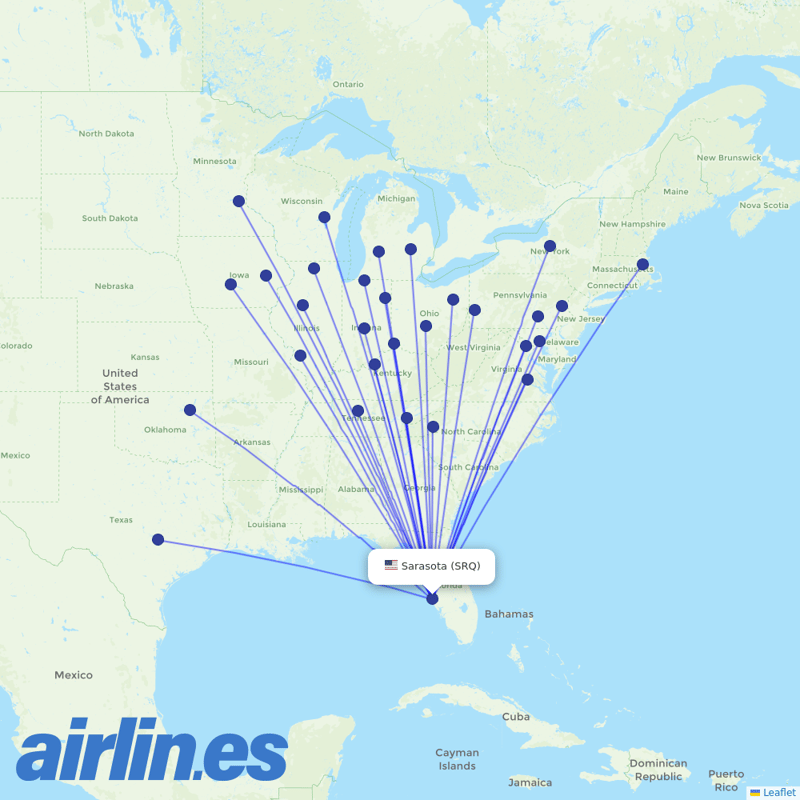 Allegiant Air from Sarasota Bradenton International Airport destination map