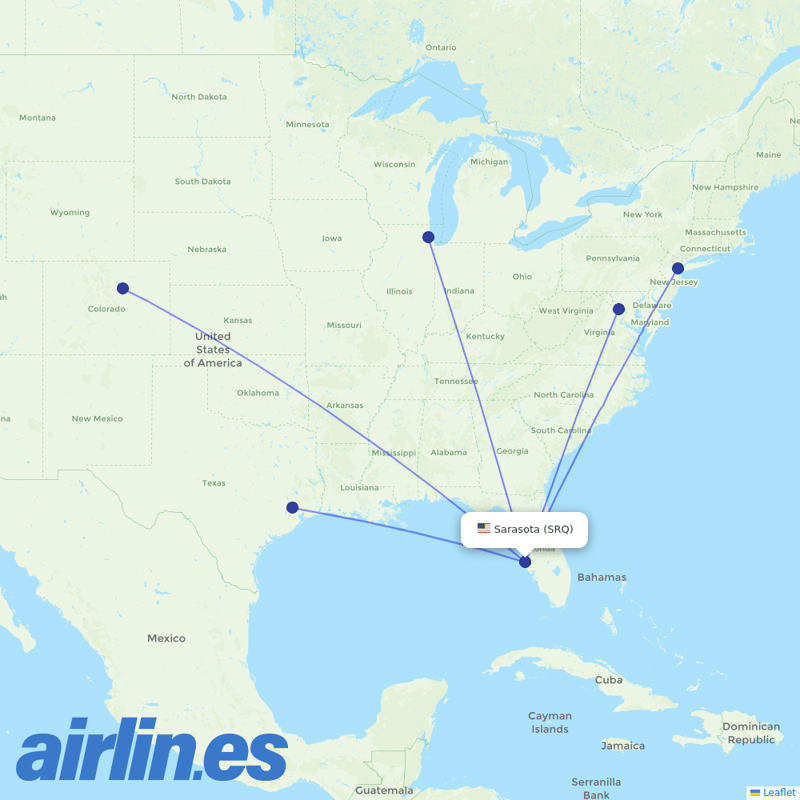 United Airlines from Sarasota Bradenton International Airport destination map