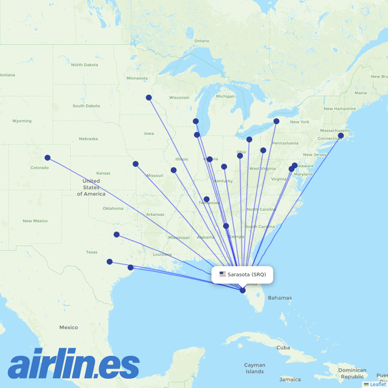 Southwest Airlines from Sarasota Bradenton International Airport destination map